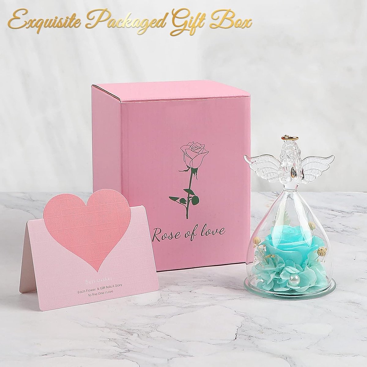 Rose Éternelle Bleue Sous Dôme En Verre Avec Figurine Ange - Hauteur 15 Cm, Diamètre 9,8 Cm - Cadeau Romantique Pour Femme, Maman, Anniversaire