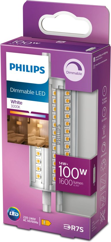 Philips LED Staaflamp Transparant - 100 W - R7S - Dimbaar wit licht