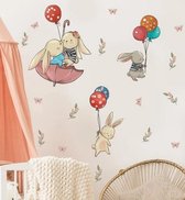 Muursticker - Raamsticker Konijn / Konijnen met ballonnen - Paraplu - Muur Sticker / Raam sticker Keuken – Handgeschilderd | Kinderkamer | Jongens – Meisjes – Baby | Decor - Poster | Verwijderbaar – Zelfklevend plakfolie | DH collection