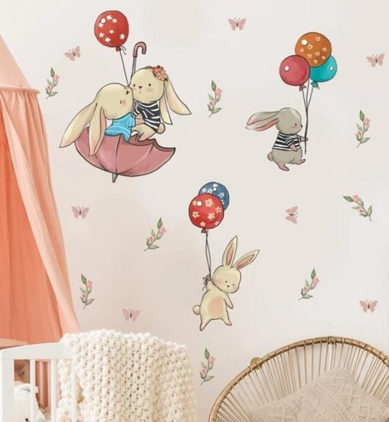 Muursticker Raamsticker Konijn Konijnen Met Ballonnen Paraplu 