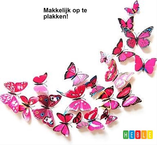 Heble® - 3D Muursticker - Vlinder - Roze - Kinderkamer