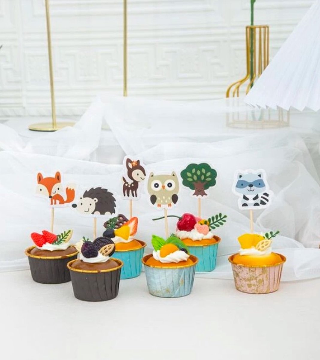 Herfst / Bos Dieren - Autumn - Taart Topper - 6 assorti - Happy Birthday - Decoratie - Themafeest - Egel - Uil - Hert - Vos - Boom etc. - Verjaardag - Peuterspeelzaal - Versiering - Taarttopper - Taartdecoratie - Topper - Kinderfeestje - Cake Topper