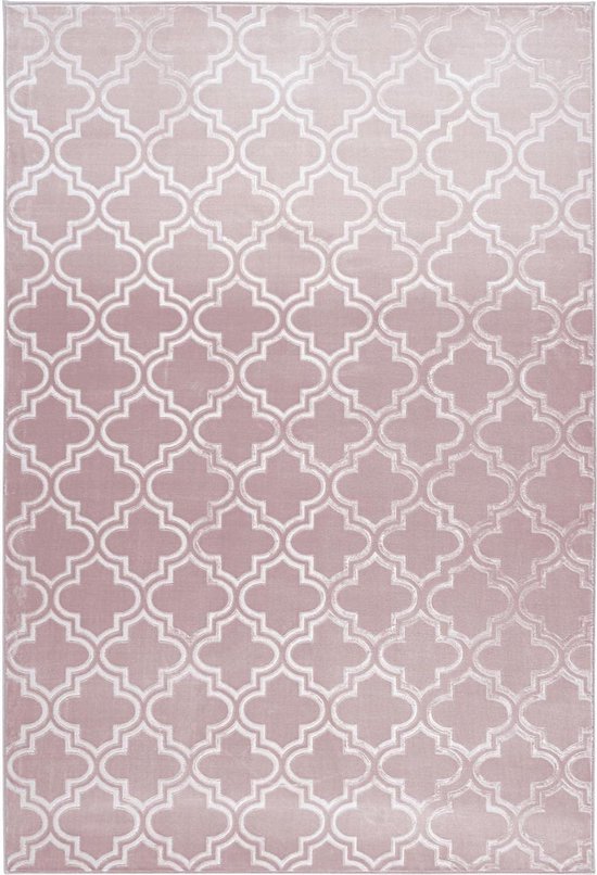 Vloerkleed, laagpolig Marokkaans patroon, zijdeachtige glans, dun, zacht, voor woonkamer, slaapkamer, loper met antislip, kleur: roze, maat: 120 x 170 cm