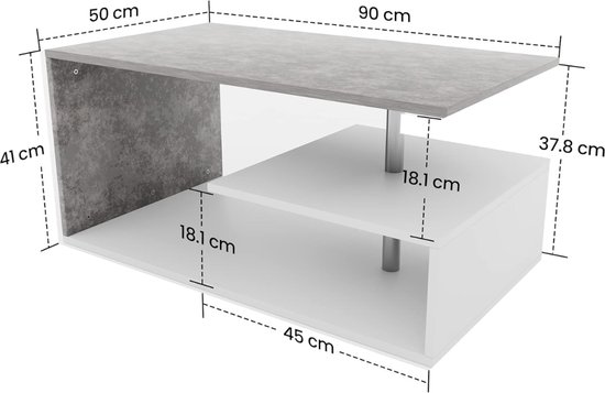 Joker Salontafel in betonlook, wit, ruime salontafel met opbergruimte voor je woonkamer, 100 x 44 x 60 cm (b x h x d