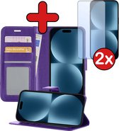 Étui portefeuille iPhone 15 avec 2 films de protection d'écran - Étui Bookcase pour iPhone 15 - Violet