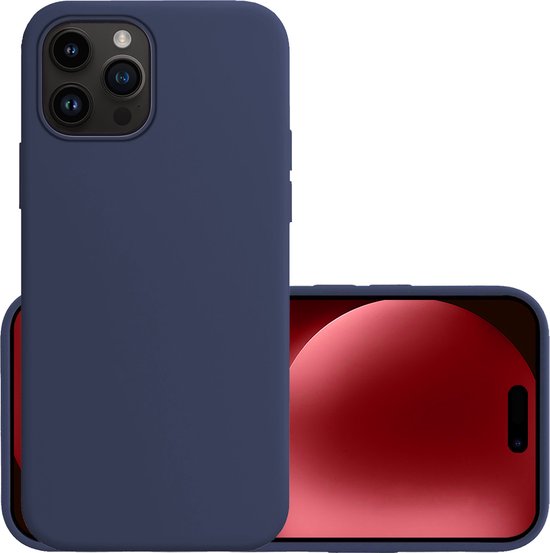 Coque en silicone bleu foncé pour iPhone 15 Pro Max, avec le téléphone à côté.