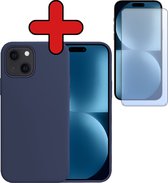 Hoesje Geschikt voor iPhone 15 Hoesje Siliconen Case Hoes Met Screenprotector - Hoes Geschikt voor iPhone 15 Hoes Cover Case - Donkerblauw