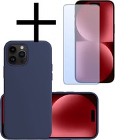 Hoes Geschikt voor iPhone 15 Pro Hoesje Cover Siliconen Back Case Hoes Met Screenprotector - Donkerblauw.
