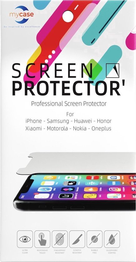 Verpakking van "SCREEN PROTECTOR" met kleurrijke lijnen. Iconen onderaan tonen "Ultra Clear", "Responsive Touch", "Fingerprint Resistant", "Scratch Resistant", "Bubble Free", "Oleophobic Coating".