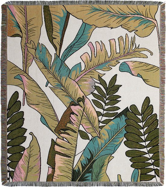 Beige geweven deken met bladeren - jacquard (wand)kleed - 150 x 130 cm - bladeren - botanische print - STUDIO Ivana