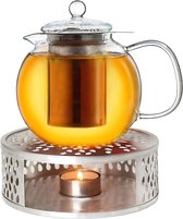 Theepot van glas 0,85 l + een stoofje van roestvrij staal, 3-delige glazen theepot met geïntegreerde roestvrijstalen zeef en glazen deksel, ideaal voor het bereiden van losse thee, druppelvrij