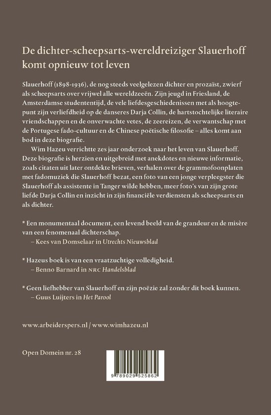 Boekcover met tekst over de dichter-scheepsarts-wereldreiziger Slauerhoff, met barcode en website.