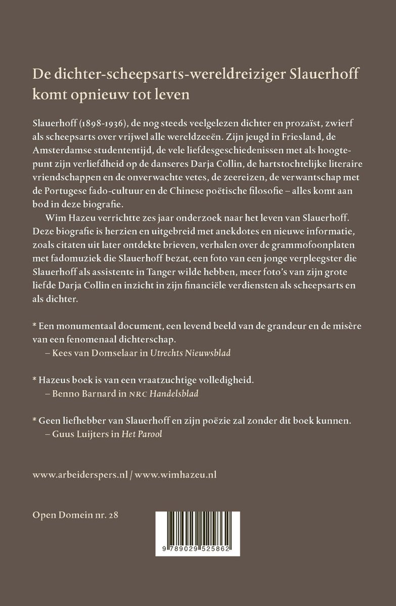 Boekcover met tekst over de dichter-scheepsarts-wereldreiziger Slauerhoff, met barcode en website.