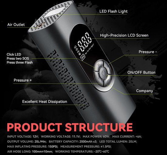 Fuegobird- Pompe électrique - Compresseur d'air portable - Petite pompe à pneu - Pompe à vélo pour la route