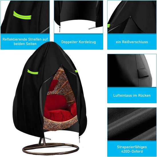 Hangstoelhoes, beschermhoes voor hangstoel, 190 x 115 cm, 210D zwart, beschermhoes, hangstoel, waterdicht, met ritssluiting en trekkoord, anti-uv, scheurvast Oxford-weefsel