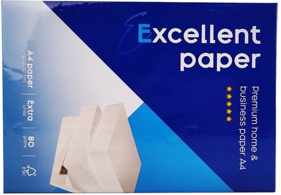 Pak Excellent A4 papier van 80 grams, met blauwe en witte opdruk. Beschreven als 'Premium home & business paper A4'.