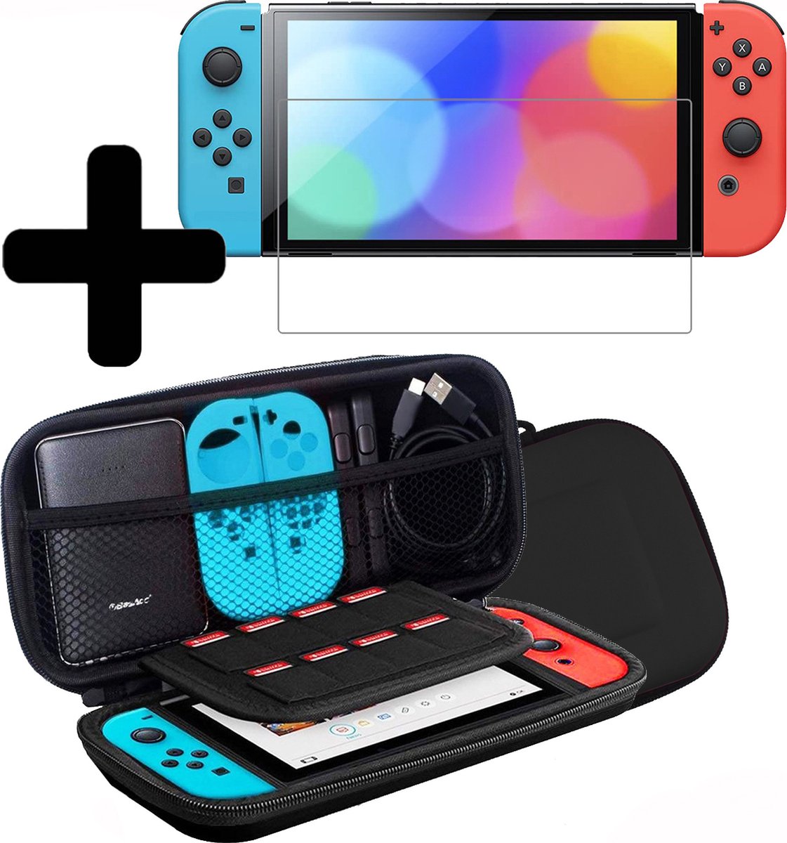 Hoes Geschikt voor Nintendo Switch Case Hoesje Met Screenprotector - Bescherm Hoes Geschikt voor Nintendo Switch Hoes Hard Cover - Zwart