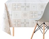 Lissabon Tegels Marokkaans Patroon Vinyl Tafelkleed Rechthoekig 200 x 140 cm | 198 x 139,7 cm voor 6 zitplaatsen - afwasbaar tafelkleed waterdicht kunststof PVC - mozaïekwas in grijs met beige