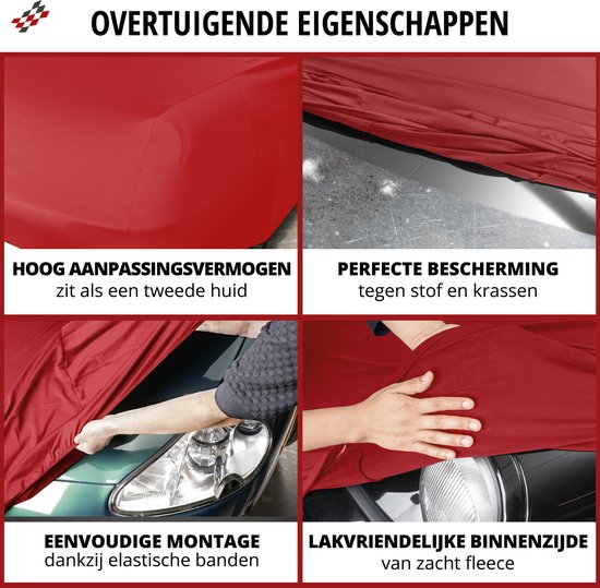 Vier afbeeldingen die de kenmerken van de Walser autoverdekking tonen: hoge aanpassing, perfecte bescherming, eenvoudige montage, zachte binnenkant.