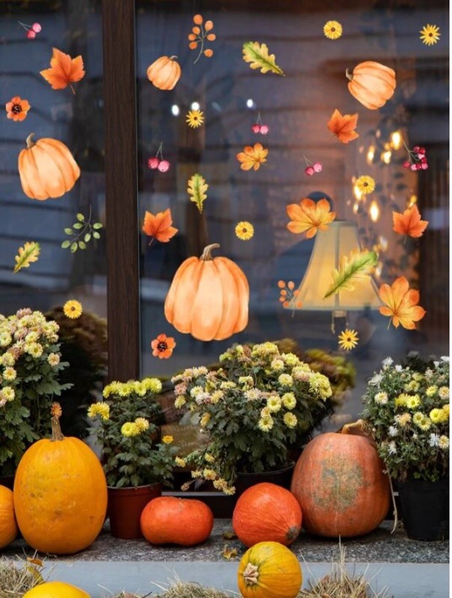 Muursticker Raamstickers Herfst / Autumn - Bladeren - Blad - Esdoornblad - Pompoen - Kalebas | Bos Stickers | Raam Decoratie - Winkel - School - Peuterspeelzaal - Huis - Veranda- Kantoor | Herbruikbaar - Waterdicht - Verwijderbaar | DH collection