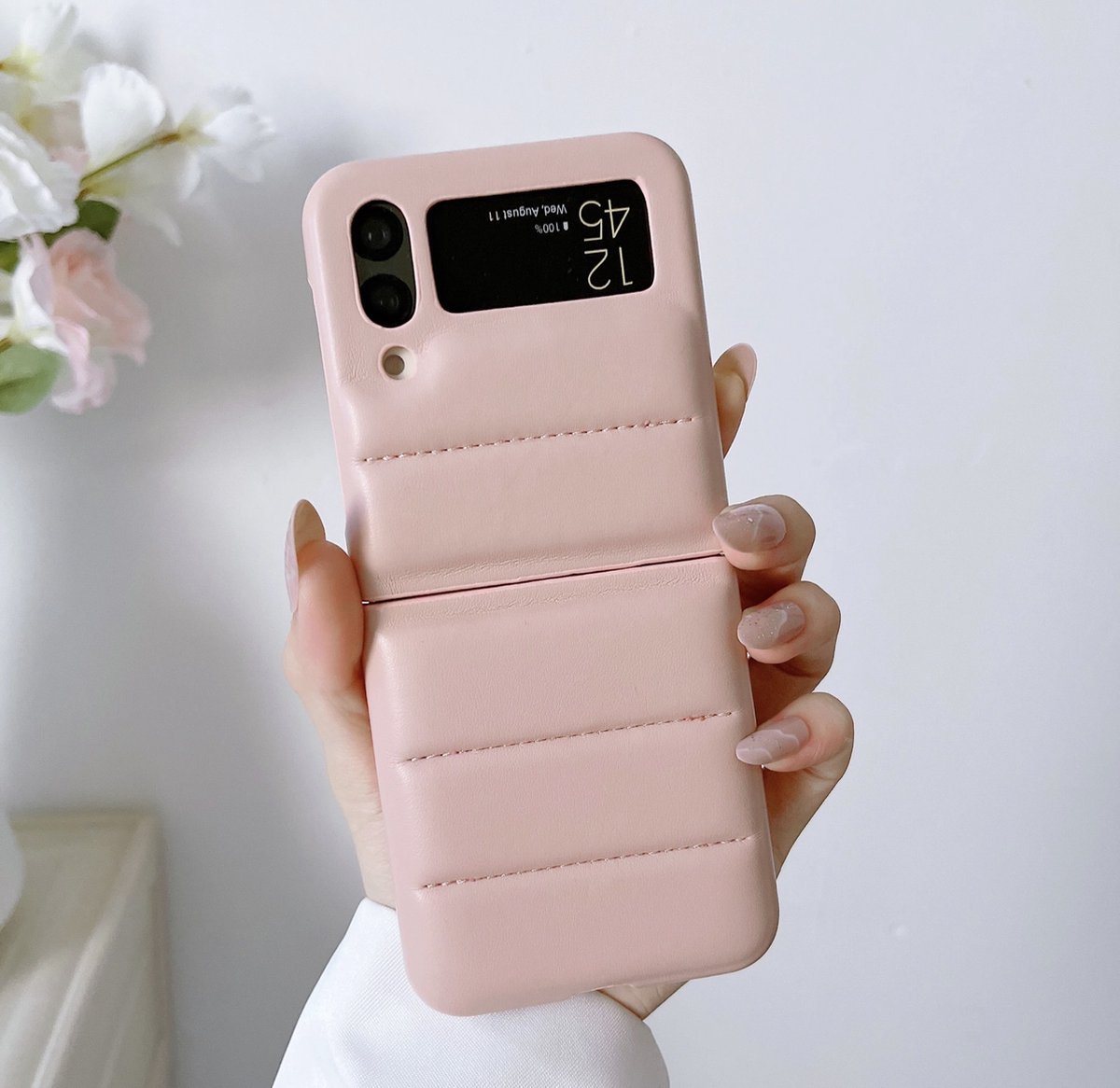 REBUS-hoes voor Samsung Galaxy Z Flip 4, puffer [polycarbonaat + eco-lederen hoes], beschermende hoes verkrijgbaar in verschillende kleuren (Pink)