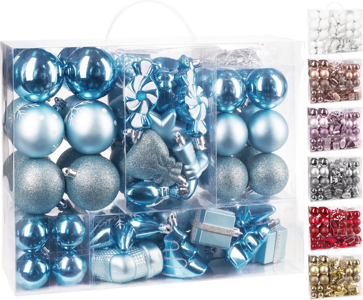 BRUBAKER Kerstballen 77-Delige Set - Kerstboomdecoraties met Ballen Sterren Laarzen Dennenappels Verpakkingen - Plastic - Lichtblauw