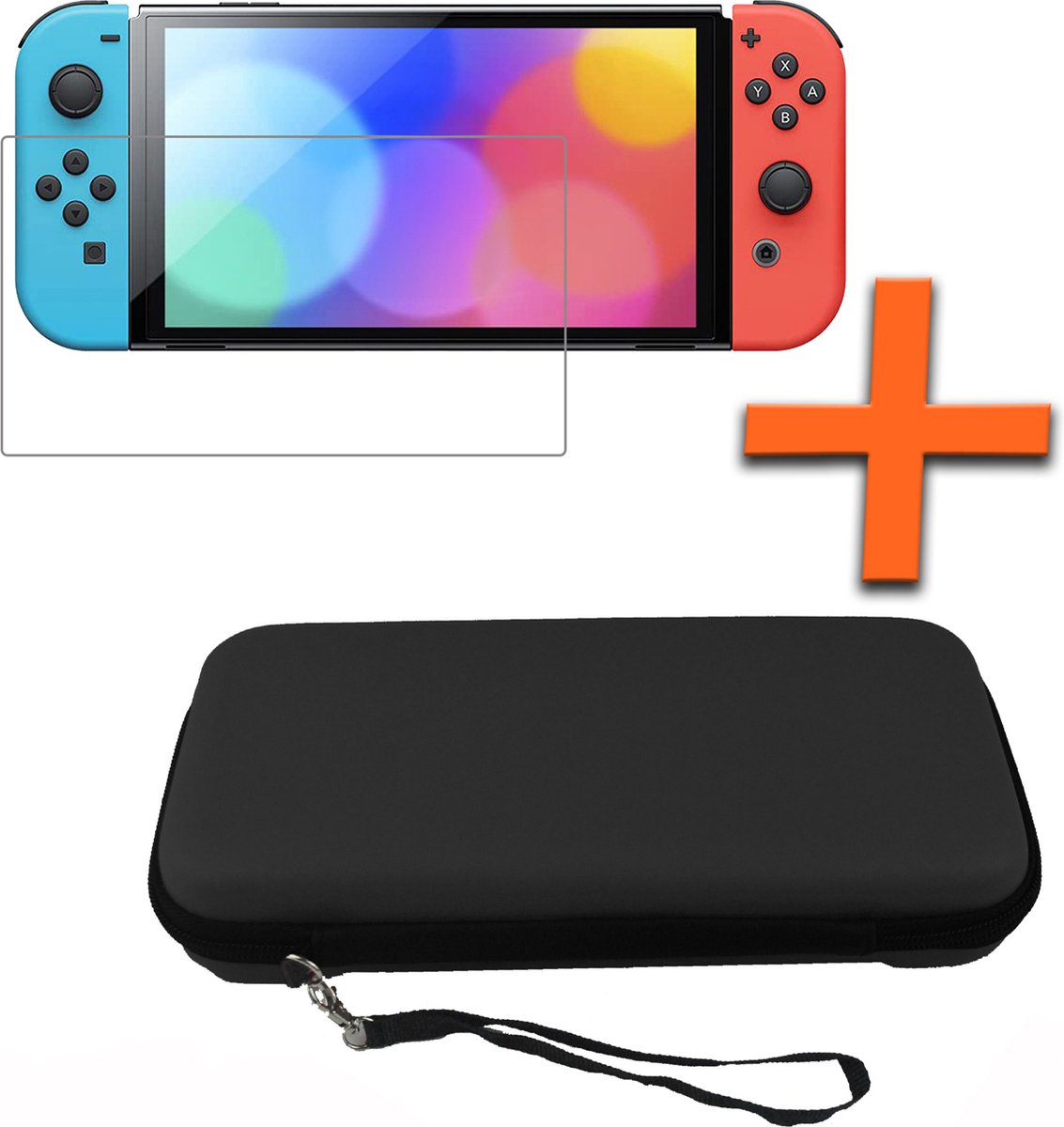 Hoesje Geschikt voor Nintendo Switch OLED Hoes Bescherm Case Hardcover Polsbandje Met Screenprotector - Hoes Geschikt voor Nintendo Switch OLED Case - Zwart