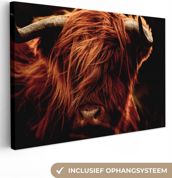 Canvas - Schotse hooglander schilderij - Close up - Dierenkop - Zwart - Koe - Schilderijen woonkamer - Foto op canvas - Kamer decoratie - 60x40 cm