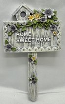Polyresin deco tuinsteker met dierfiguur "home sweet home" - huisje + bloemen - Hoogte 19 x 12 x 1 cm - Woonaccessoires - Woondecoratie - Tuinaccessoires - Tuindecoratie