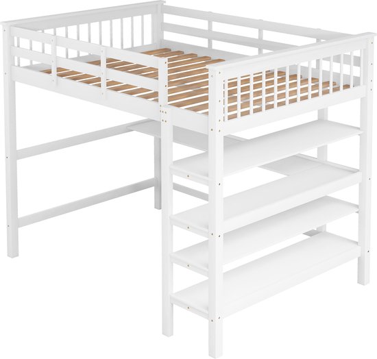 Merax 140 x 200 Kinderhochbett mit Ablagefächern und Unterbettschreibtisch, Weiß