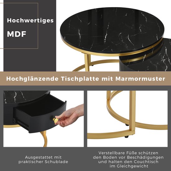 Relaxdays bijzettafel MARMO, rond, metaal & MDF, marmerlook, rond, salontafel HxD: 51x41, wit/goud