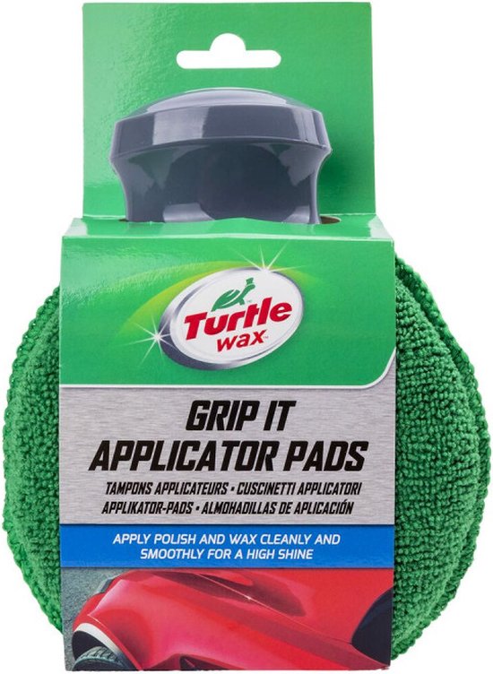 Verpakking Turtle Wax Grip It Applicator Pads met een groene microvezel pad.
