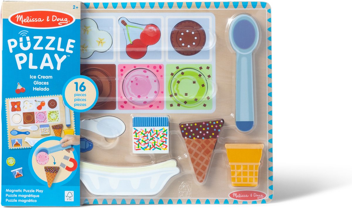 Melissa & Doug - Houten magnetische puzzelspeelset met ijsjesthema, 16 magnetische speelstukjes met ijsschep, houten speeleten voor jongens en meisjes vanaf 2 jaar