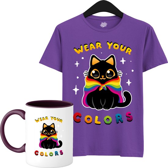 Schattige Pride Vlag Kat - Unisex T-Shirt Mannen en Vrouwen - LGBTQ+ Suporter Kleding - Gay Progress Pride Shirt - Rainbow Community - T-Shirt met mok - Unisex - Donker Paars - Maat L