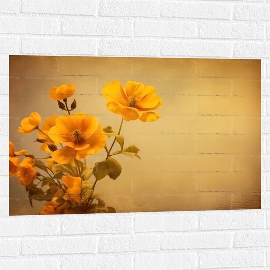 Muursticker - Oranje Boterbloemen bij Licht Bruine Achtergrond - 90x60 cm Foto op Muursticker