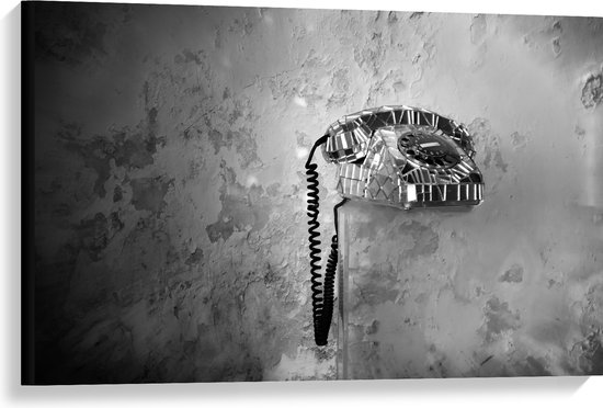 Canvas - Vaste Telefoon tegen Gevlekte Muur (Zwart-wit) - 90x60 cm Foto op Canvas Schilderij (Wanddecoratie op Canvas)