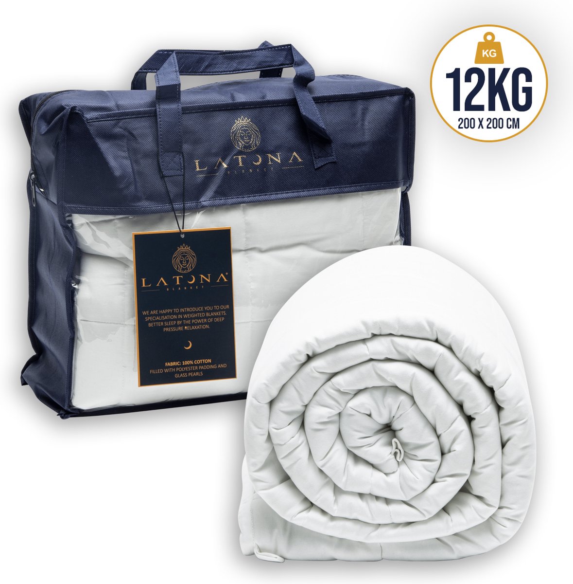 Latona Blanket® Verzwaringsdeken tweepersoons 200 x 200cm - 12kg - Wit - Katoen - Weighted blanket