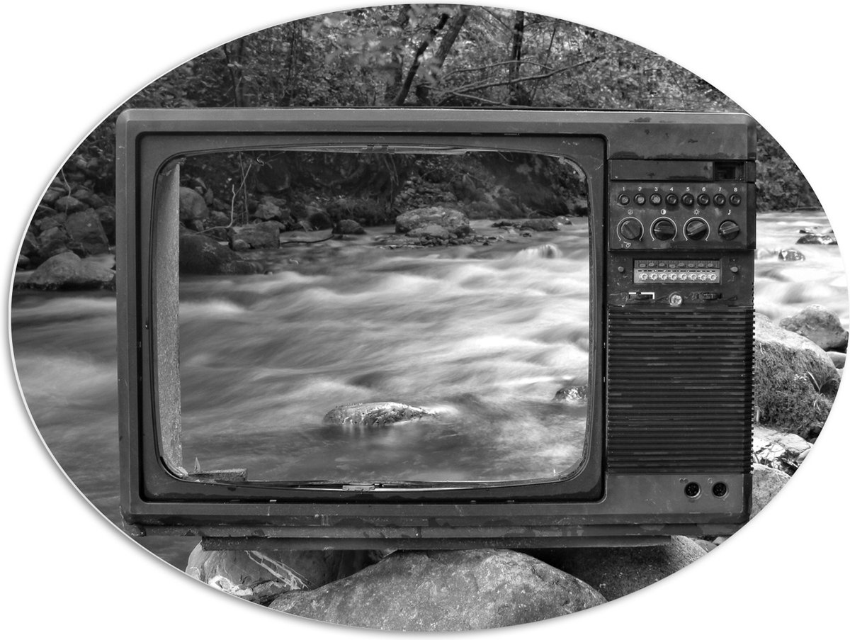 PVC Schuimplaat Ovaal - Oude Vintage Televisie met Doorkijk op Rivier (Zwart-wit) - 108x81 cm Foto op Ovaal (Met Ophangsysteem)