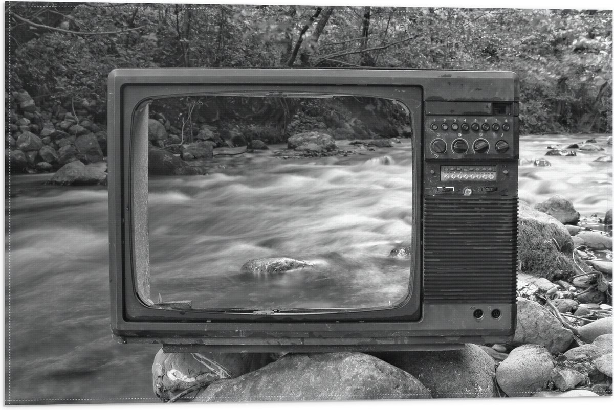 Vlag - Oude Vintage Televisie met Doorkijk op Rivier (Zwart-wit) - 60x40 cm Foto op Polyester Vlag