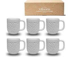 Koffiekopjes, set van 6 (380 ml), Made in Portugal, mooie mokken van aardewerk, unieke kopjes, set van 6, grote theekopjes, set van 6 stuks, koffiekopjes (mat wit)