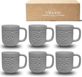 Koffiekopjes, set van 6 (380 ml), Made in Portugal, mooie mokken van aardewerk, unieke kopjes, set van 6, grote theekopjes, set van 6 stuks, koffiekopjes (mat grijs)