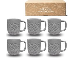 Koffiekopjes, set van 6 (380 ml), Made in Portugal, mooie mokken van aardewerk, unieke kopjes, set van 6, grote theekopjes, set van 6 stuks, koffiekopjes (mat grijs)