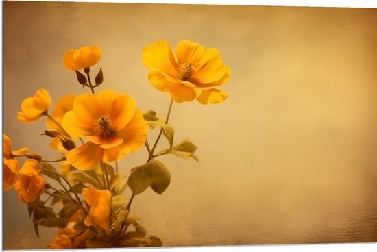 Dibond - Oranje Boterbloemen bij Licht Bruine Achtergrond - 90x60 cm Foto op Aluminium (Met Ophangsysteem)