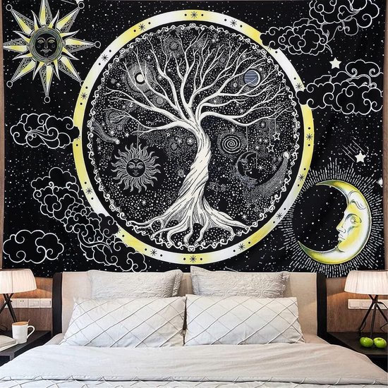 Psychedelic Maan en zon wandtapijt, boom des levens, wandtapijt, Zwart en wit, melkwegstelsel, wandtapijt, hippie, kunstdoek voor slaapkamer (zon, 148 x 200 cm