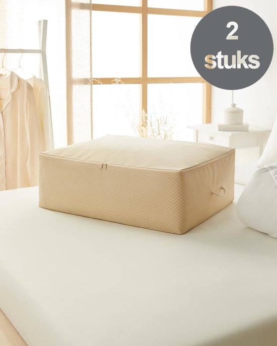 2 Stuks Onderbed Opbergtassen - 60L - Opbergtas voor Kleding en Dekens - Opbergtas met Rits - Opbergzak - Kleding Organizer - Opberghoes voor Kleding - Opberg Kleding - Beige