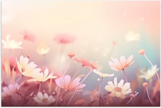 Poster Glanzend – Getekende Licht Roze Bloemen met Wazige Roze Achtergrond - 90x60 cm Foto op Posterpapier met Glanzende Afwerking