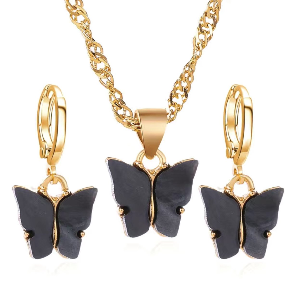 Beads by Chantal - vlinder oorbellen & vlinder ketting - zwart - ring oorbellen - vlinder acryl