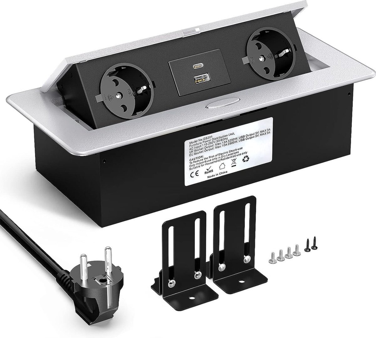 Intelectro Stekkerdoos voor Bureau & Kookeiland - Gebruiksvriendelijk - Eenvoudige Installatie - 2 Stopcontacten - 2 USB Poorten - 1.8m Lange Snoer - Aluminium Behuizing - Duurzaam Ontwerp - Wit - Levering Sneller dan Aangegeven!