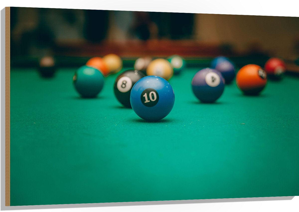 Hout - Biljart Ballen op Biljarttafel - 120x80 cm - 9 mm dik - Foto op Hout (Met Ophangsysteem)