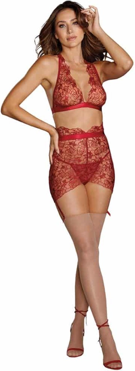 Goedkoopste Dreamgirl (All) Driedelige Set met Delicate Bloemenborduurwerk red M